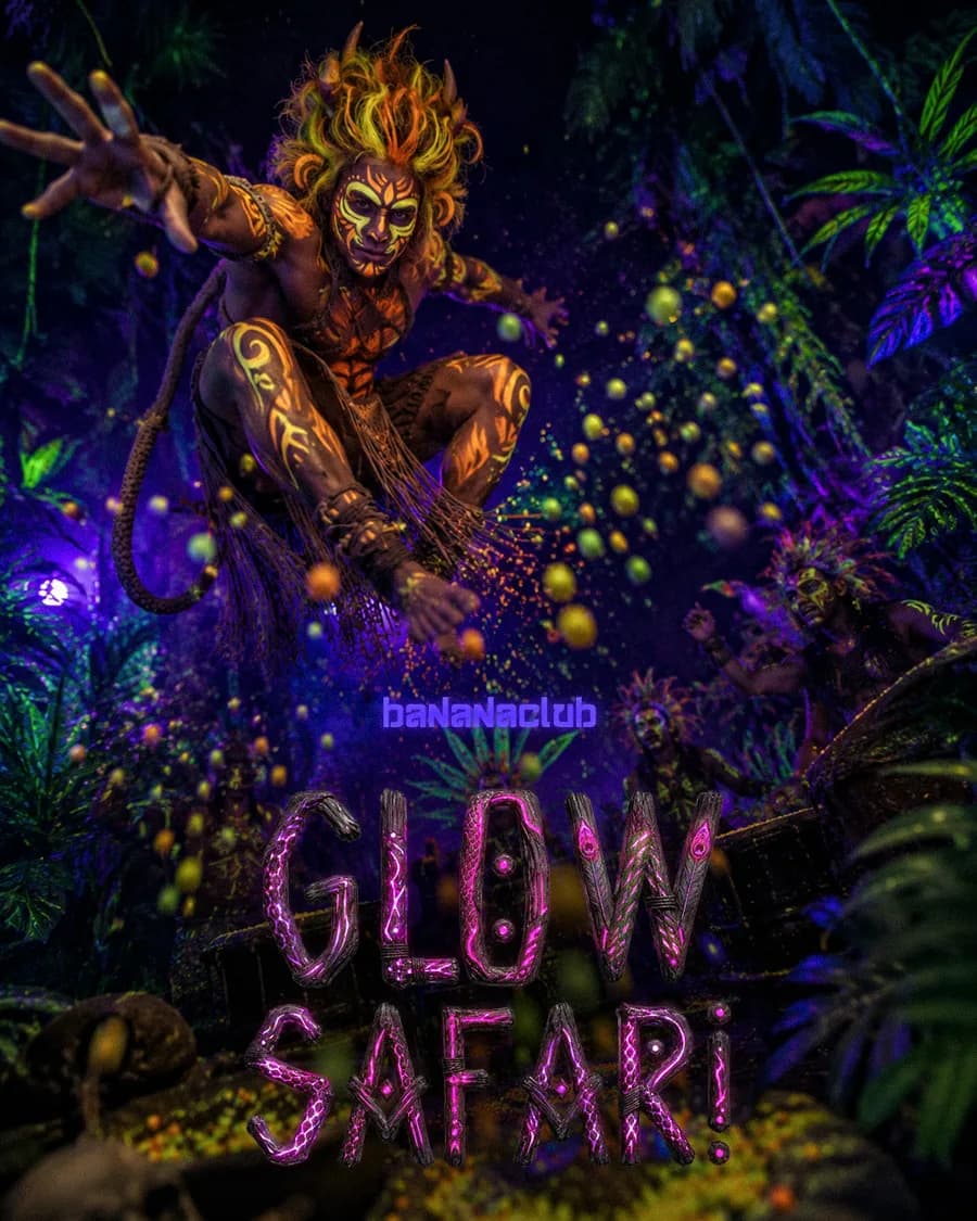 Cartel fiesta temática Glow Safari — Banana Club Cala Rajada